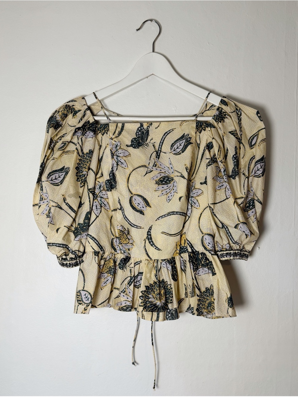 Ulla Johnson Butter Yellow Floral Puff-Sleeve Lace Up Peplum Top